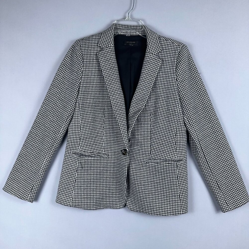 Ann Taylor Blazer Jackets Womens Size 42R Houndstooth Single Breasted Black Whit
